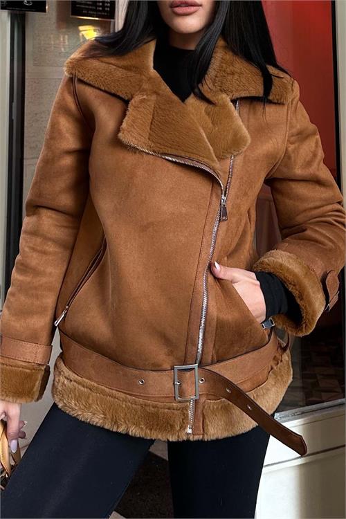 Kadın Taba Kemerli Fermuarlı Kürk Detaylı Süet Mont HSZ007 