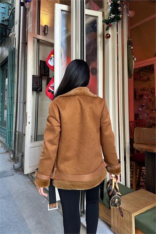 Kadın Taba Kemerli Fermuarlı Kürk Detaylı Süet Mont HSZ007 